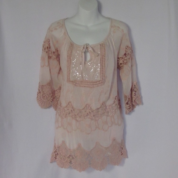 Italian Crochet Embroidery Pink Tunic Top Sz Large - Picture 1 of 7